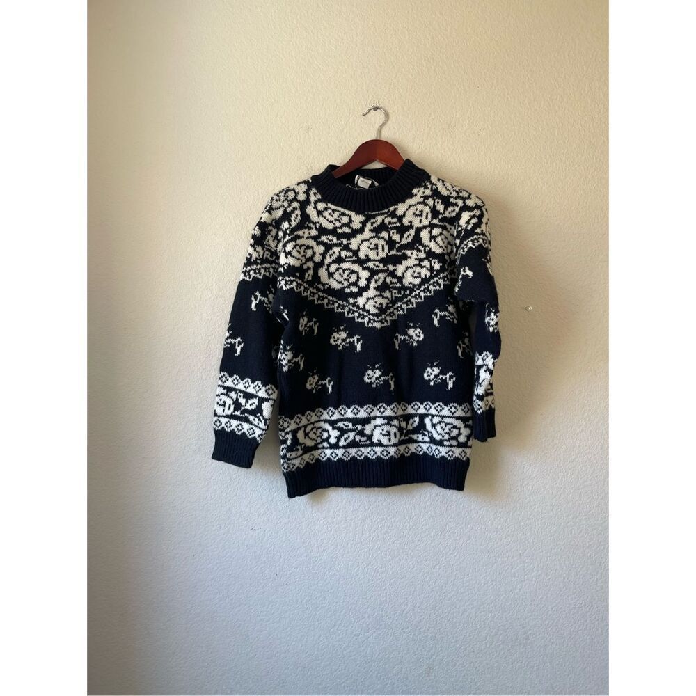 Vintage 80s dog and floral print wool‎ blend sweater size medium
